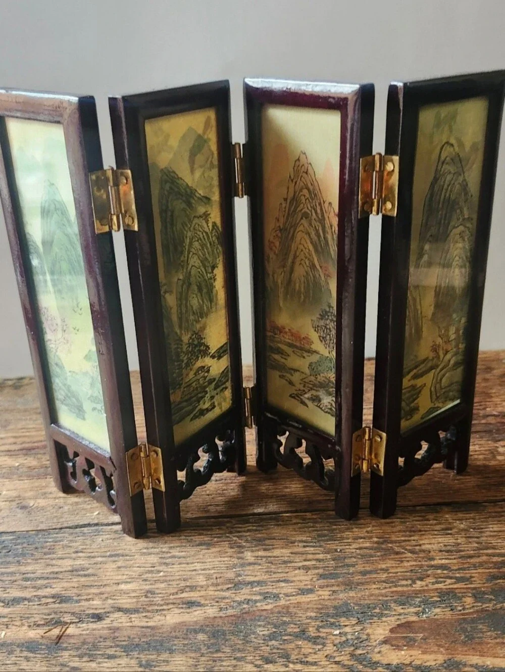 Decorative Four-Panel Mini Folding Screen - Brown with Floral & Bird Panels